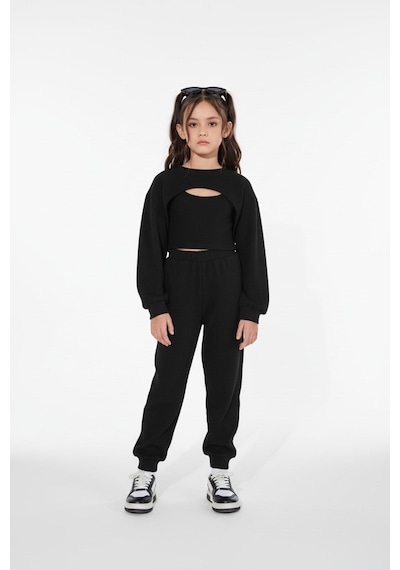 Aden Kids Kız Çocuk Siyah Waffle Örme 3 Parça Alt Üst Takım - Uzun Kollu Crop Ve Boru Paça Jogger