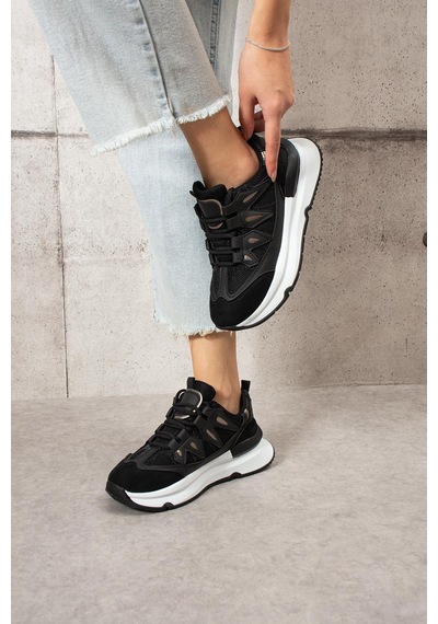 Shoetek Lawse Kadın Sneakers Bağcıklı Spor Ayakkabı Siyah Siyah