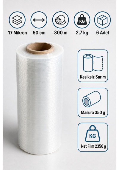 Sanayi Tipi Şeffaf Palet Streci 17 Mikron 50 CM 300 M 2.7 KG 6 Adet Kesiksiz Sarim Eşya Mobilya Koli Sarma Streci