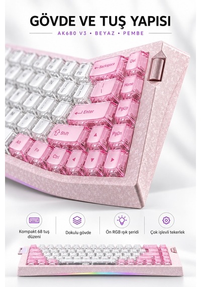 Ajazz Ak680 V3 8000 Hz Manyetik Rgb Oyuncu Klavyesi Beyaz Pembe Thunder Crystal