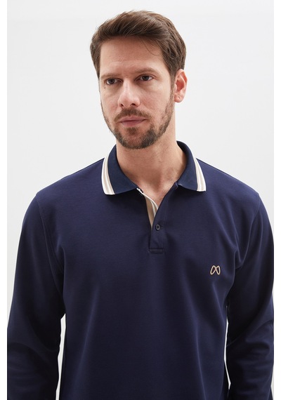 Fullamoda Nakışlı Yarım Düğmeli Polo Yaka Modal Sweatshirt Lacivert