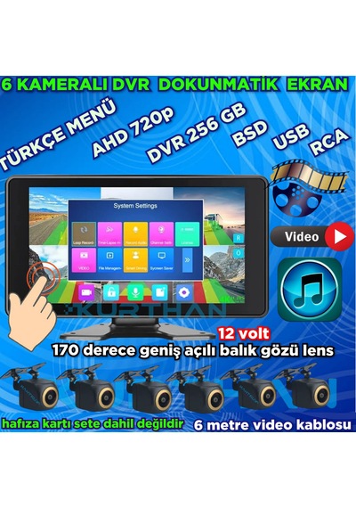 170'' Balık Gözü Ahd 720p Rca Kamera 6 Kanallı 10 İnç Dokunmatik Usb Bsd Dvr Ekran 12 Volt