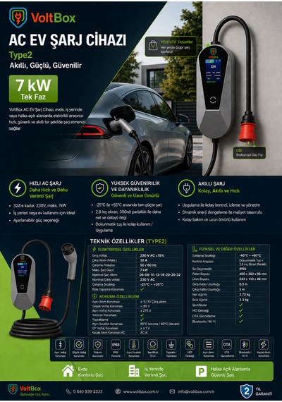 Voltbox Evo7 Taşınabilir Elektrikli Araç Şarj Cihazı 32a/7kw/220v 5 Metre -türkçe Menü 7.4 kW