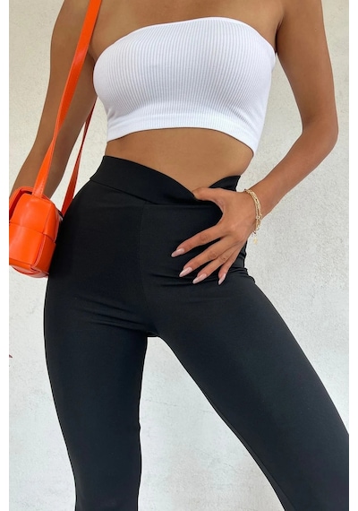 Unika Boutique Kadın Siyah Ispanyol Paça Dalgıç Kumaş Yüksek Bel Toparlayıcı Tayt Pantolon Siyah-vv2257