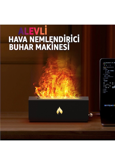 Robeve Şömine Görünümlü Aroma Difüzör Ve Hava Nemlendirici Alev Efektli Led Işıklı, Sessiz Çalışan Ultrasonik Buhar Makinesi, Aromaterapi Ve Dekoratif Ortam Aydınlatması Siyah