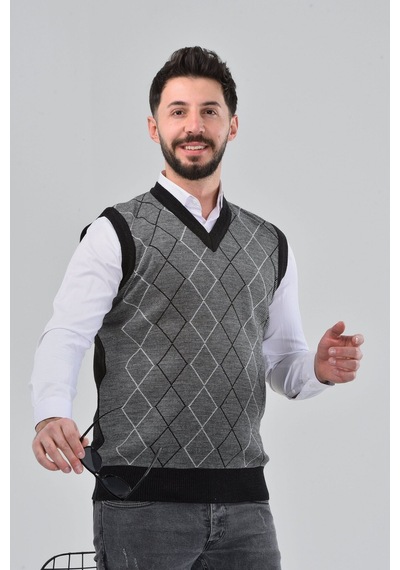 Kzc Tekstil Erkek Baba Ve Orta Yaş Baklava Çizgi Desenli Akrilik Kalın Dokulu V Yaka Triko Süveter Gri-antrasit