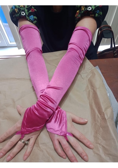 Saten Likralı Dans & Opera Eldiveni - 58 Cm Pembe