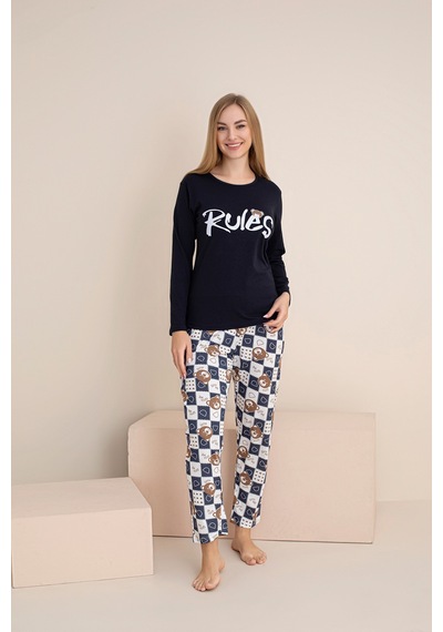 Rindahomewear Kadın Rules Ayıcık Baskılı Süprem Uzun Kol Pijama Takımı Lacivert1