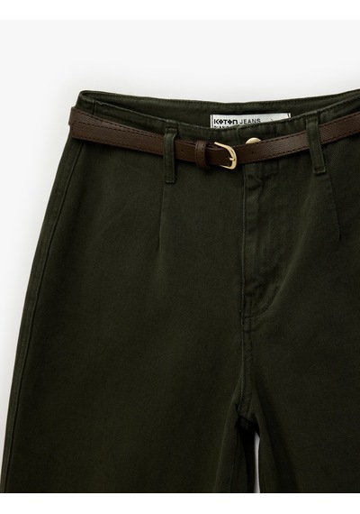 Koton Kemer Detaylı Pamuklu Kısa Geniş Paça Pantolon - Wide Leg Jeans Haki 6sal40052mw