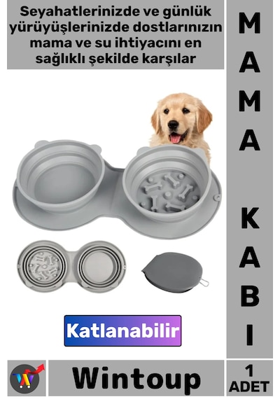 Mamakabı Silikon Portatif Seyahat Tipi Kedi Köpek Gri Yavaş Yeme Katlanabilir İkili Mama Su Kabı
