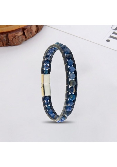 Erkek Doğaltaş Bileklik - 6mm Doğal Lapis Taşı Deri Kordon Ve Çelik Bileklik