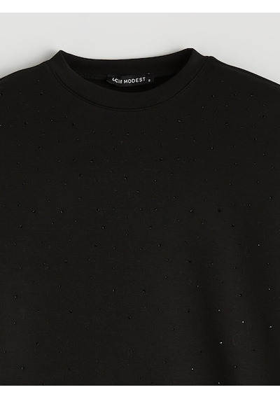 Lcw Modest Siyah Bisiklet Yaka Taşlı Kadın Sweatshirt Tunik