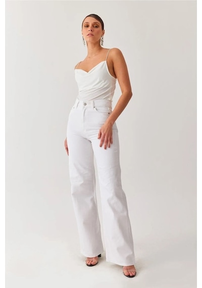 Woddi Trend Yüksek Bel Wide Leg Beyaz Palazzo Pantolon Bol Paça Jeans 1 Beden Büyük Alınız