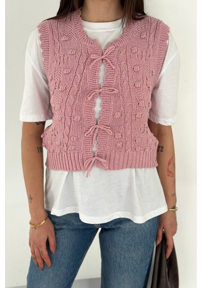 Noa & Noa Kadın Ponponlu Bağlamalı Triko Süveter Dokulu & Romantik Stil Pembe