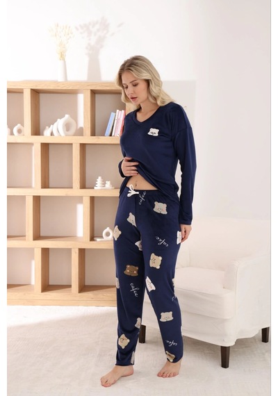 Pijamoni Kadın Fransız Kumaş V Yaka Ayıcık Baskılı Lacivert Pijama Takımı Lacivert