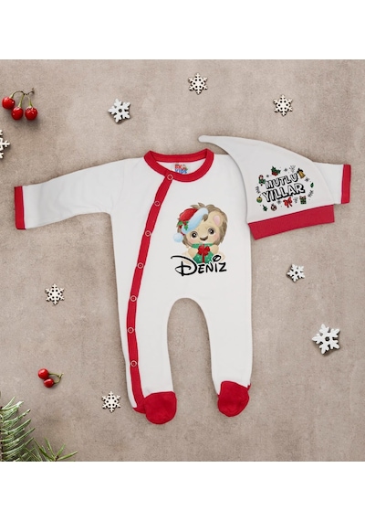 Bk Kids Bk Gift Kişiye Özel Yılbaşı Temalı Tulum Zıbın Ve Kukuletalı Şapka Seti-2 Çok Renkli