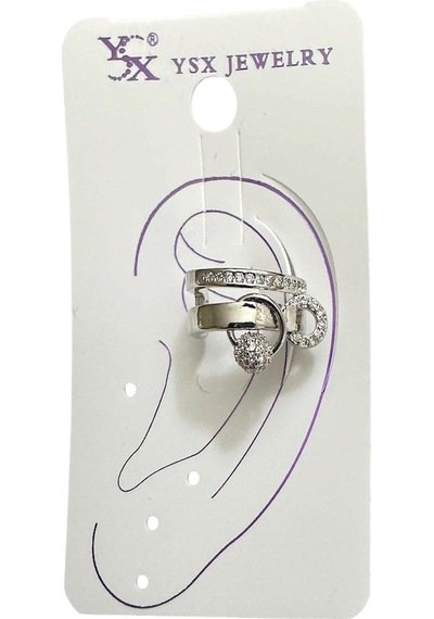 Earcuff Sıkıştırmalı Çelik Kıkırdak Küpe Çift Sıra Bantlı Halka Detaylı Zirkon Taşlı Gümüş Renk