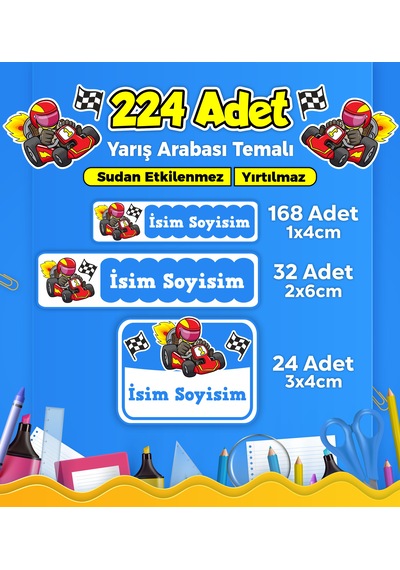 Yarış Arabası Temalı Okul Kreş Kişiye Özel İsim Etiket Seti - Model 265 Çok Renkli