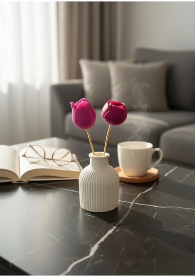 Çizgili Dekoratif Vazo İçerisinde Gül Ve Lale Mum - 3 Lü Set Pinterest Vazo Beyaz