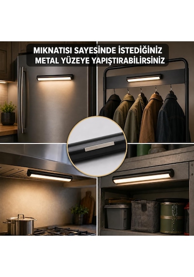 Şarjlı Led Tablo Ve Ayna Apliği Kumandalı, Dokunmatik, Manyetik, 3 Renkli Ve Dimlenebilir Modern Duvar Aydınlatması Siyah Şeffaf