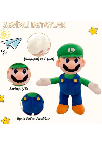 İthal Kadifemsi Kumaş Süper Mario Luigi Peluş Oyuncak 27 Cm Uyku Oyun Arkadaşı Orta Boy Yeşil Çok Renkli