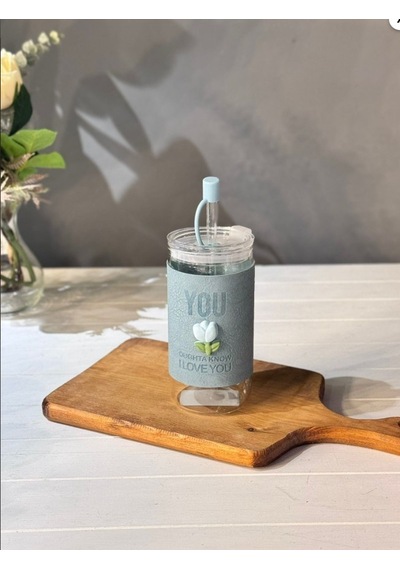 Minnoş 350ml Cam Pipetli Bardak Kapaklı Süet Kılıflı Soğuk Kahve Smoothie Sunum Bardağı A