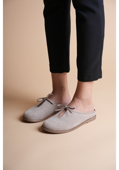 Analin Shoes Kadın Hakiki Deri Fiyonk Detaylı Düz Terlik Vizon