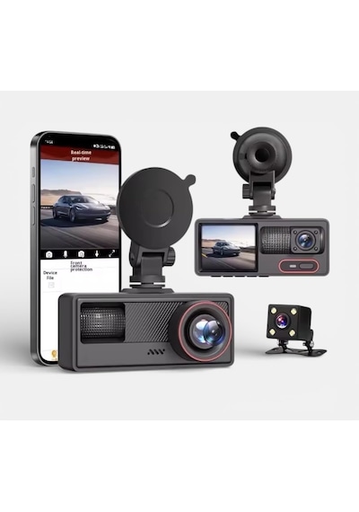Araç Kamerası, Full Hd 1080p 30fps Dash Cam, 3 Kameralı, Gerçek Zamanlı Önizleme, Arka Kamera,
