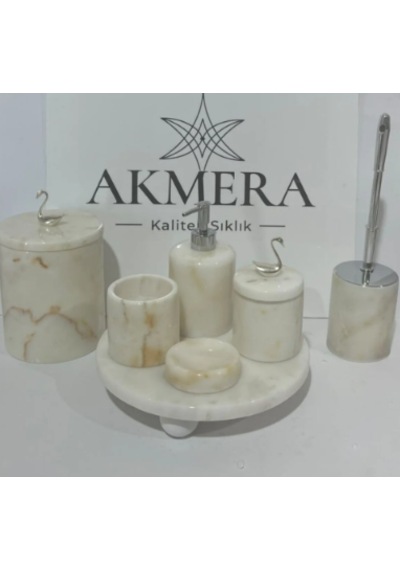 Sarı Tonlu Mermer Top Ayaklı Gerçek Mermer 7 Parça Ultra Lüks Banyo Seti beyaz