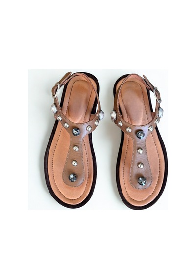 Ne&ve Shoes Taba Hakiki Deri Kadın Parmak Arası Taşlı Sandalet