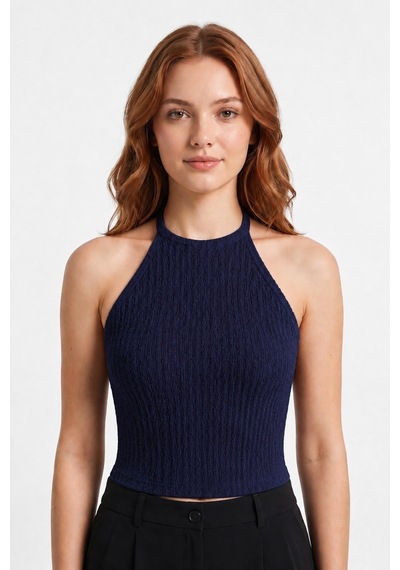 Cottonhıll Premium - Tide Collection Lacivert Halter Yaka Boyundan Bağlamalı Bürümcük Dokulu Kadın Crop Bluz Cottonhıll Premium - Tide Collection Lacivert Halter Yaka Boyundan Bağlamalı Bürümcük Dokulu Kadın Crop Bluz