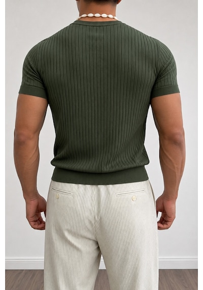 Tarz Cool Erkek Slim Fit Fitilli Triko Tişört Bisiklet Yaka Premium Pamuk Basic Yazlık T-shirt Haki