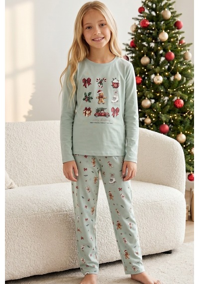 Siyah İnci Yılbaşı Temalı Pamuklu Likralı Örme Pijama Takım26241180 Yeşil