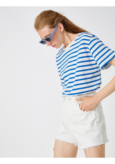Koton Oversize Basic Tişört Mavi Çizgili 2spk10001uk Mavi