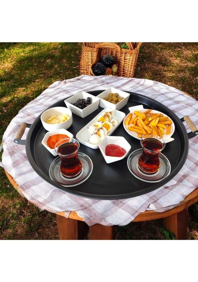 Eceaksesuar Ahşap Kulplu Metal Tepsi Çay Tepsisi 4'lü 50, 40, 37, 30 Cm Kahve Tepsisi Sunum Tepsi Seti Siyah 50 X 3 Diğer