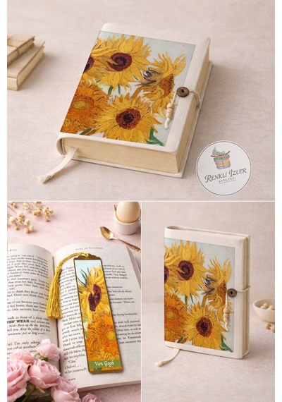 Kitap Kılıfı Ve Metal Kitap Ayracı Seti Van Gogh Ayçiçekleri