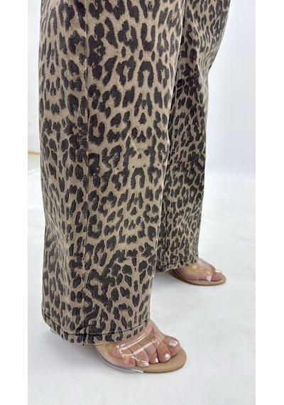 Zanessi Fashıon Büyük Beden Leopar Desenli Denim Kadın Pantolon