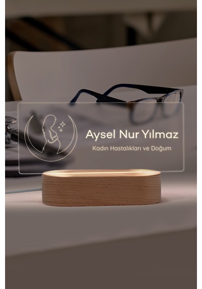 Doktorlar İçin Kişiye Özel Led Masa İsimliği Masif Ahşap Tabanlı Usb Kablolu Pleksi Led Gece Lambası