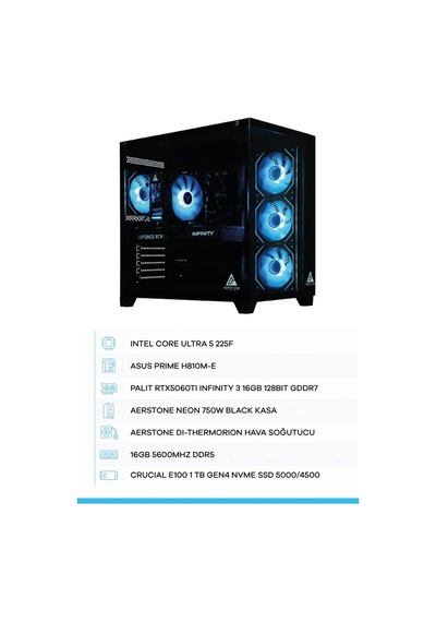 Aerstone Neon i5-225F 16 GB 1 TB SSD RTX 5060TI Free Dos Masaüstü Bilgisayar
