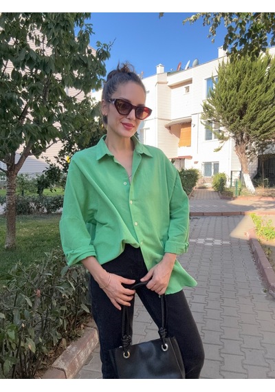 Ali Butik Yeşil Uzun Kol Keten Gömlek