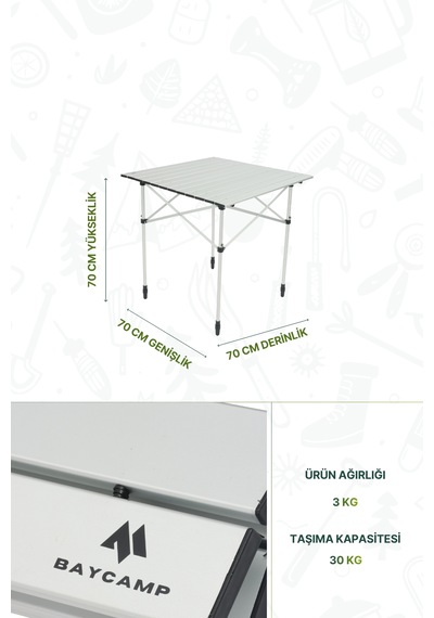 Baycamp Alüminyum Katlanır Orta Boy Kamp Masası Y:70xg:70xd:70 Cm Gri