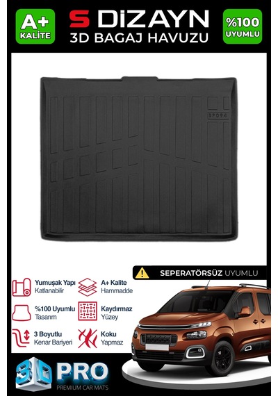 S-dizayn Citroen Berlingo Seperatörsüz 3d Pro Bagaj Havuzu 2019 Üzeri A+ Kalite