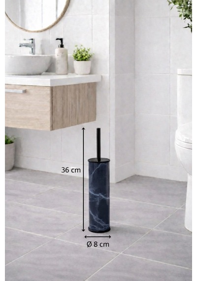 Lacivert Mermer Desenli 2'li Banyo Seti - Metal Çöp Kovası 3 Lt Ve Wc Fırçası Takımı Lacivert
