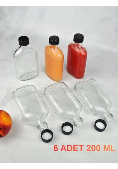 6'lı Sızdırmaz Siyah Kapaklı Cam Detoks Şişesi Cold Brew Yassı Şişe Seti - 200 Ml Şeffaf