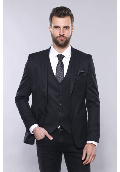 Düz Koyu Lacivert Slim Fit Ceket Yelek Set Wessi 001