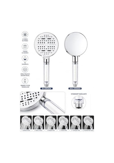 Krom Filtreli Duş Başlığı 6 Modlu Yüksek Basınçlı Tasarruflu El Duşu Kireç Önleyici Mineral Filtreli Banyo Duş Başlığı 12,5 Cm Geniş Başlıklı Evrensel Uyumlu