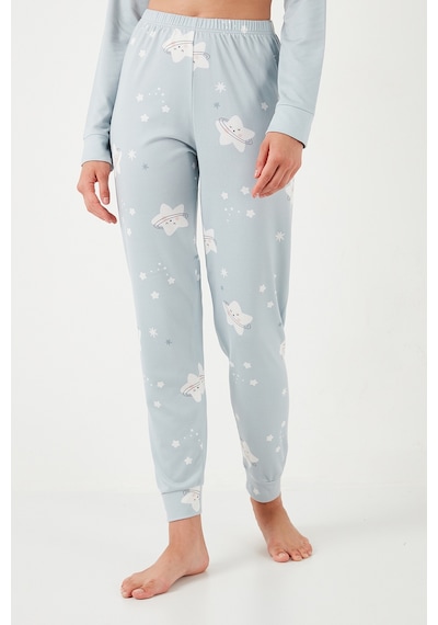 Lela Streç Standart Fit Bisiklet Yaka Desenli Bayan Pijama Takımı 6095700 Açık Gri