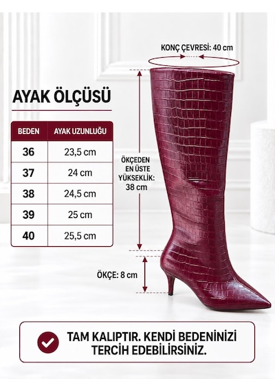 Dabab Shoes Aster Kadın Bordo Kroko Cilt Sivri Burun İçi Kürklü 8 Cm İnce Topuklu Uzun Çizme Dabab Shoes Aster Kadın Bordo Kroko Cilt Sivri Burun İçi Kürklü 8 Cm İnce Topuklu Uzun Çizme