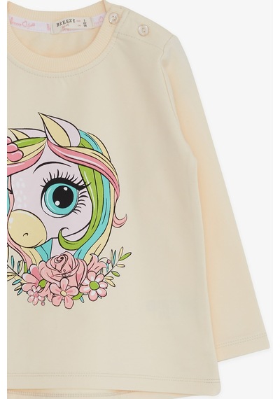 Breeze Kız Çocuk Uzun Kollu Tişört Unicorn Baskılı 1.5-5 Yaş, Krem