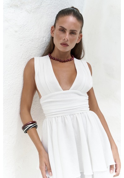Mai Collection Mai Studios Co. Zaneta Korsaj Detaylı Ekru Keten Mini Elbise Ekru